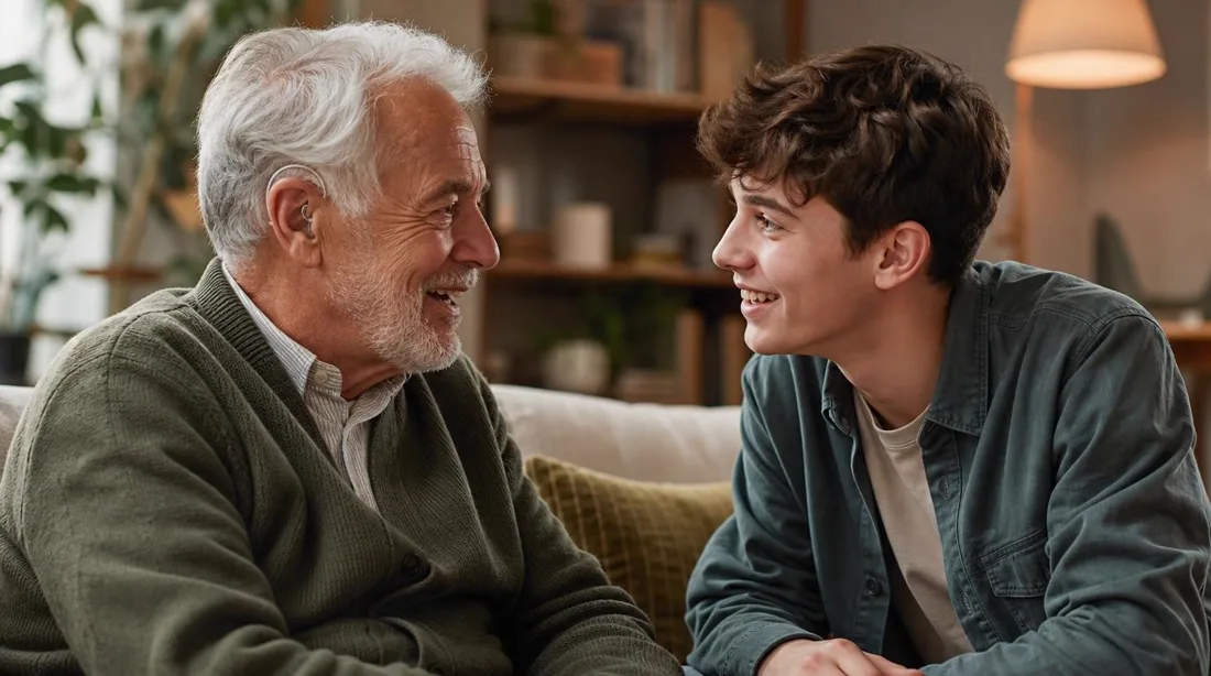 Avô sorrindo e participando das conversas em família, usando aparelho auditivo